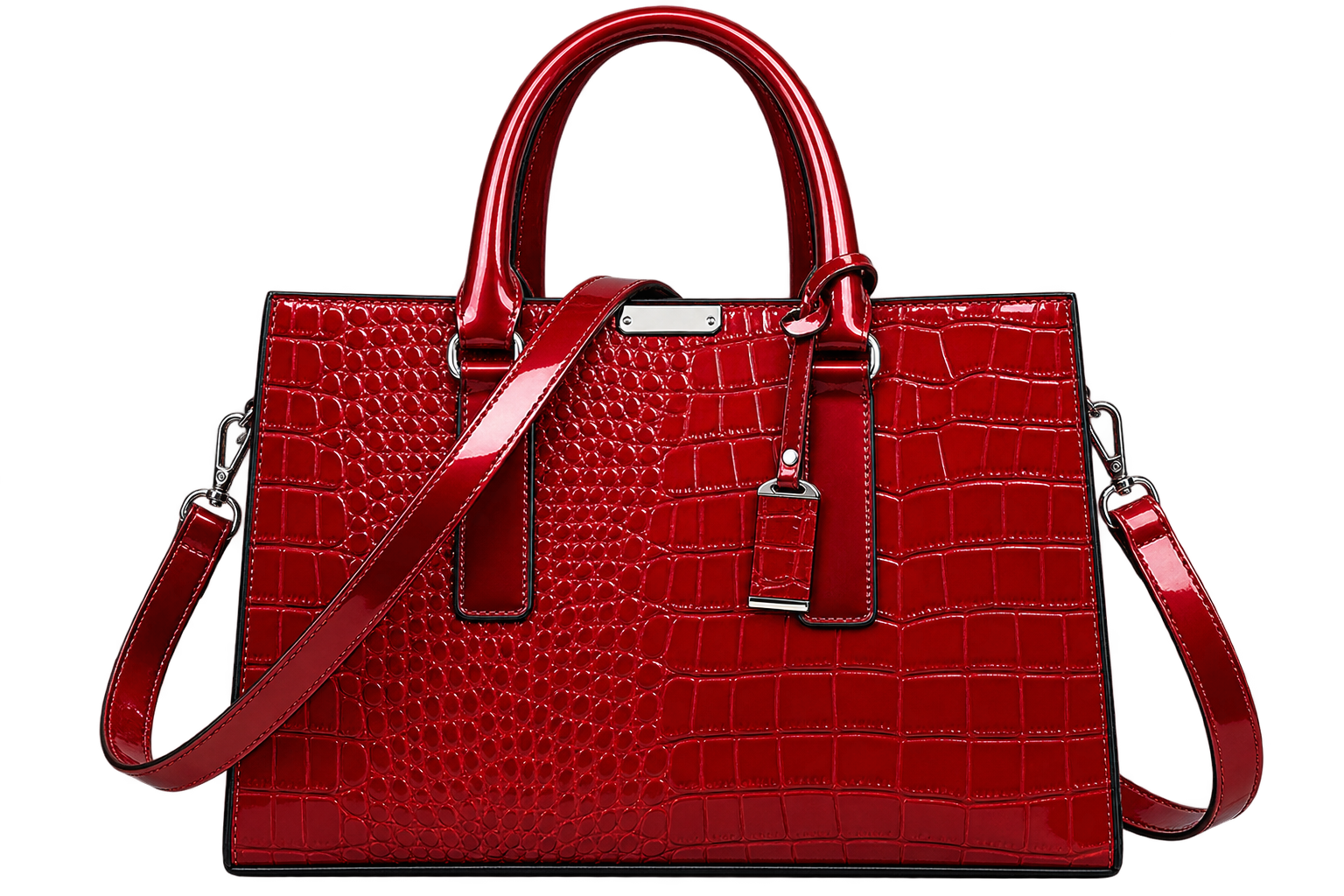 Women's Burgundy Crocodile Pattern Leather Tote Bag with Shoulder Strap