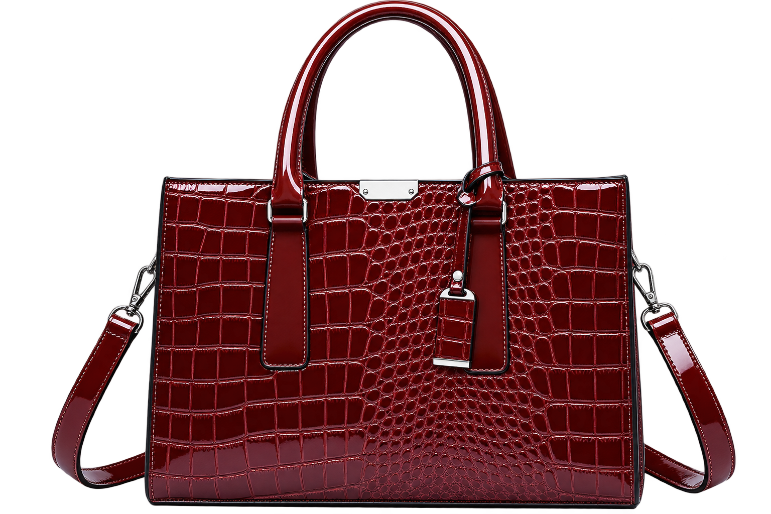 Women's Burgundy Crocodile Pattern Leather Tote Bag with Shoulder Strap