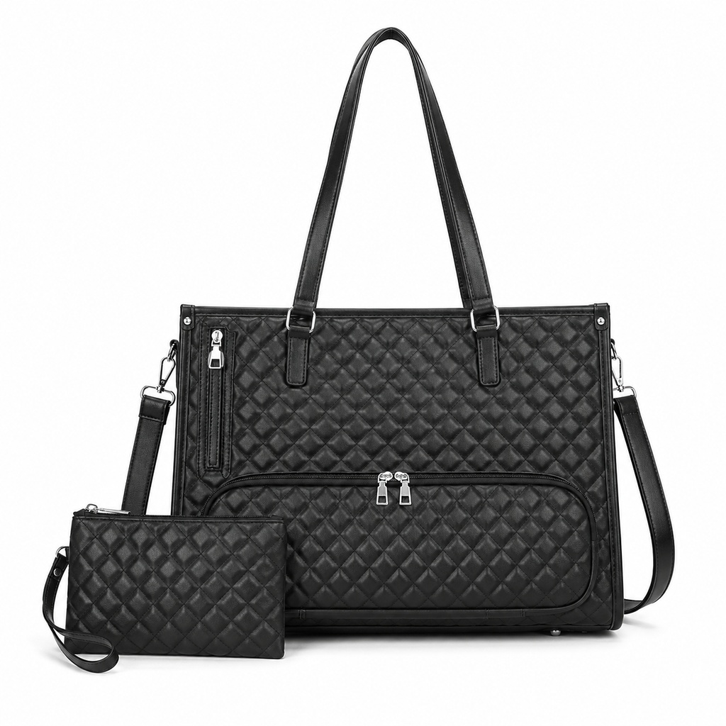 Women’s Quilted PU Leather Insulated Lunch Tote Bag with Pouch
