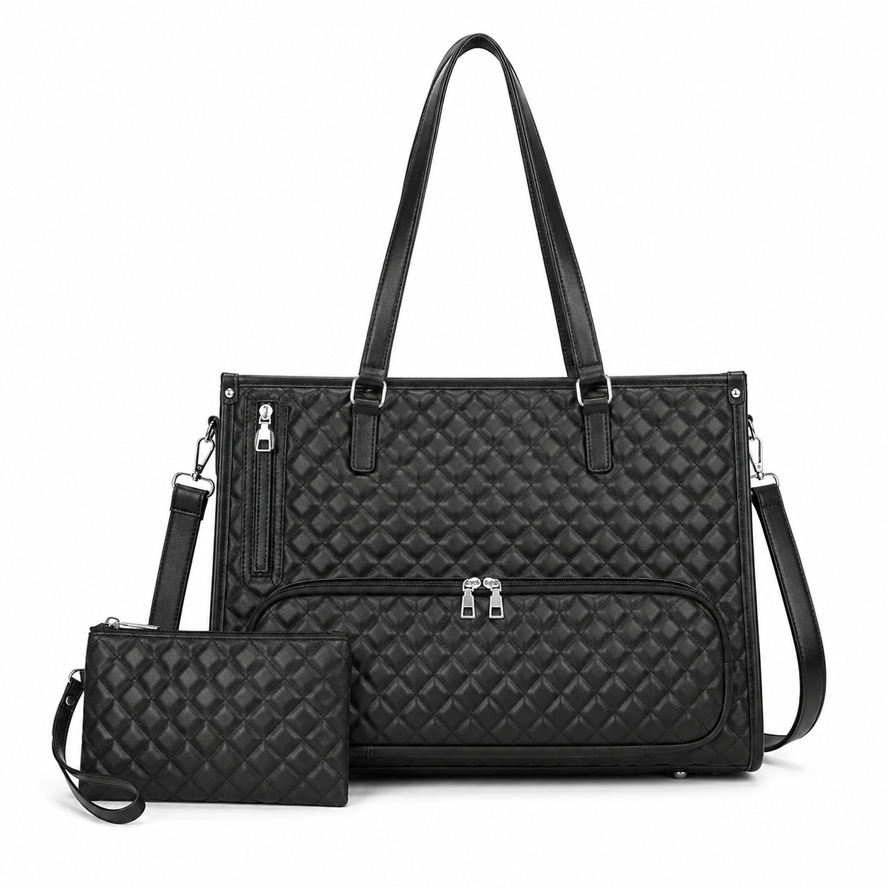 Women’s Quilted PU Leather Insulated Lunch Tote Bag with Pouch