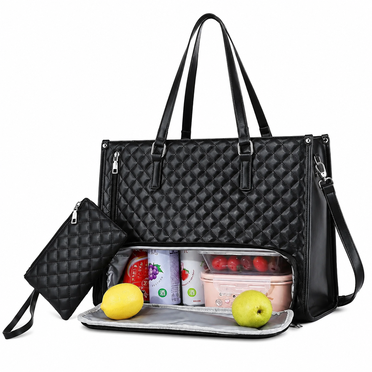 Women’s Quilted PU Leather Insulated Lunch Tote Bag with Pouch