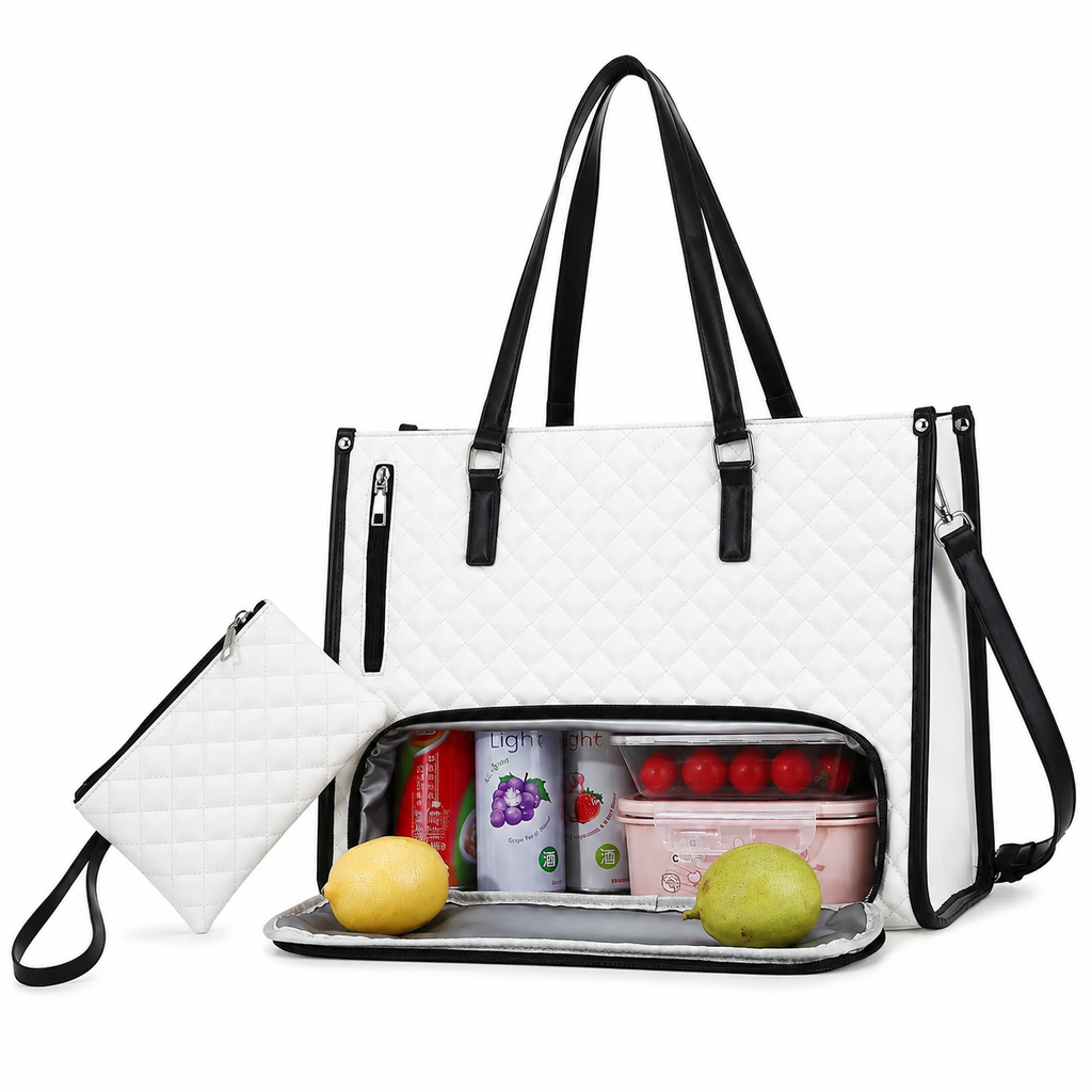 Women’s Quilted PU Leather Insulated Lunch Tote Bag with Pouch