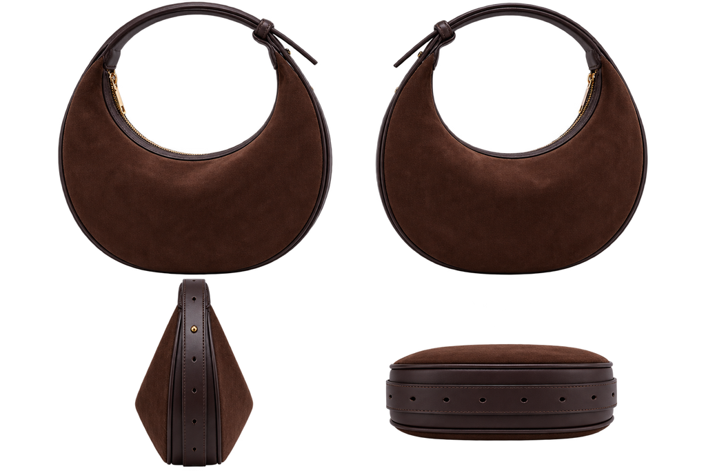 Women's Brown Crescent Velvet Shoulder Bag, Adjustable Strap