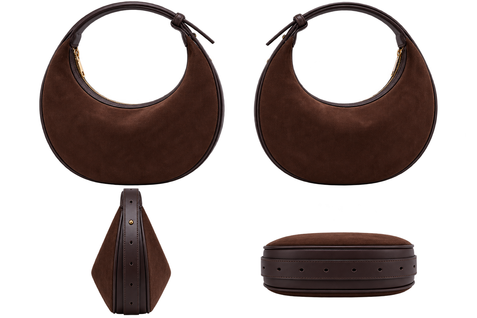 Women's Brown Crescent Velvet Shoulder Bag, Adjustable Strap