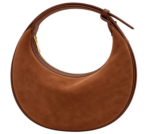 Women's Brown Crescent Velvet Shoulder Bag, Adjustable Strap