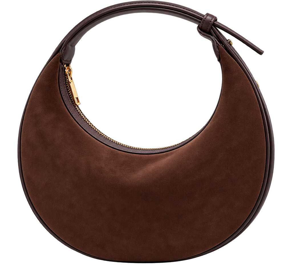 Women's Brown Crescent Velvet Shoulder Bag, Adjustable Strap