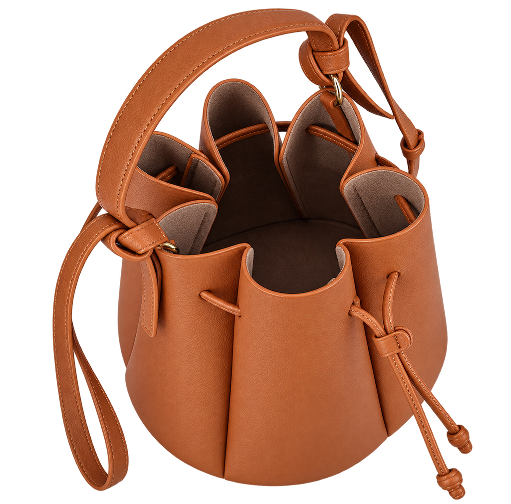 Women’s Vintage Petal Bucket Bag – PU Leather Crossbody Shoulder Handbag