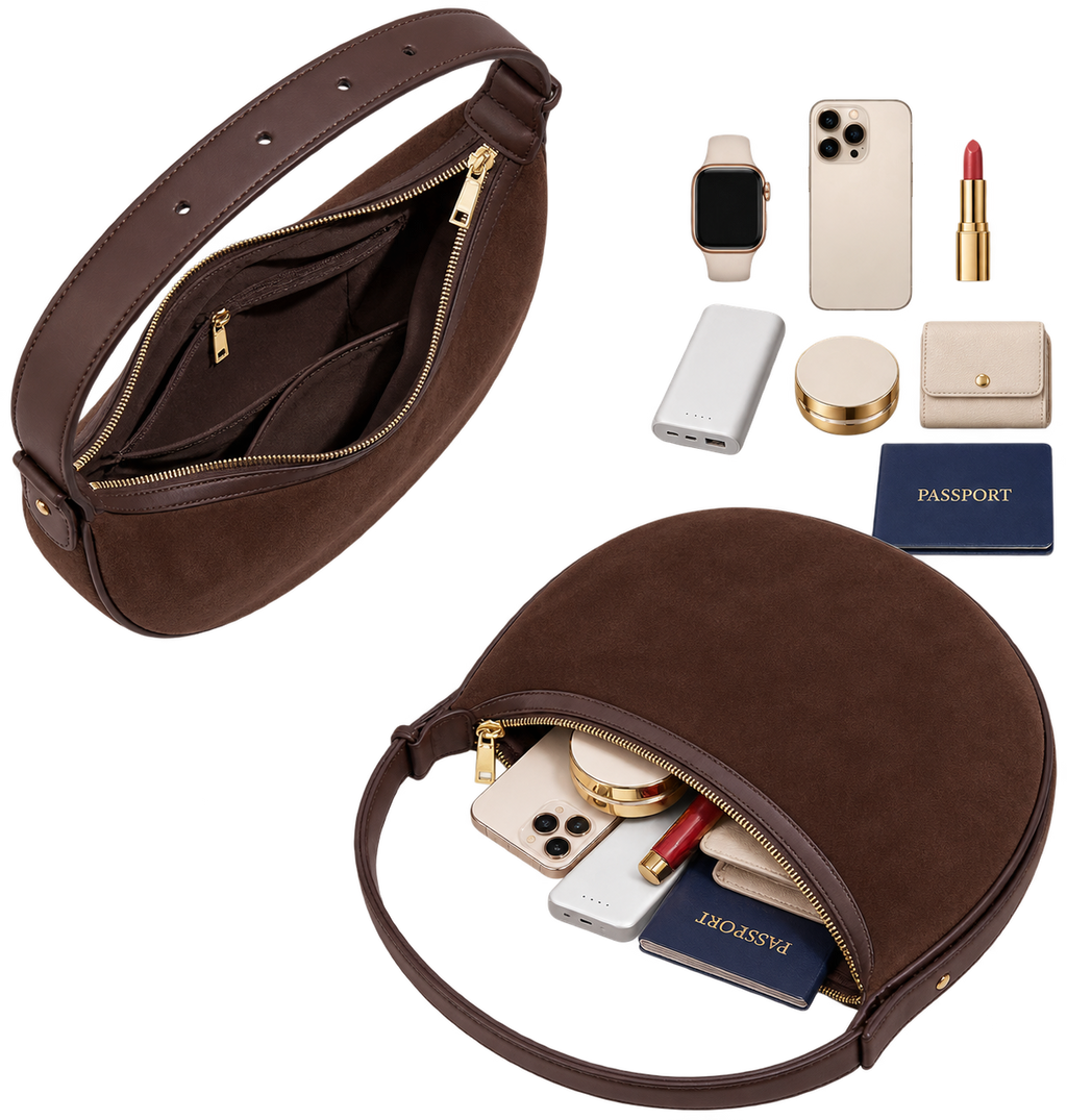 Women's Brown Crescent Velvet Shoulder Bag, Adjustable Strap